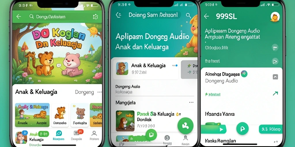 Antarmuka aplikasi 99SL menampilkan berbagai cerita dongeng audio.