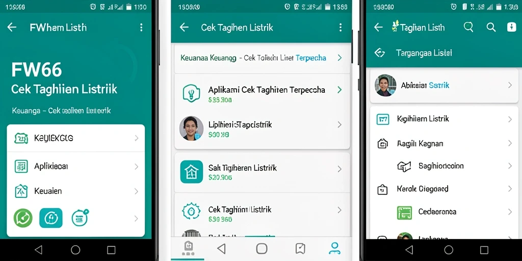 Antarmuka aplikatif FW66 yang menampilkan fitur cek tagihan listrik.