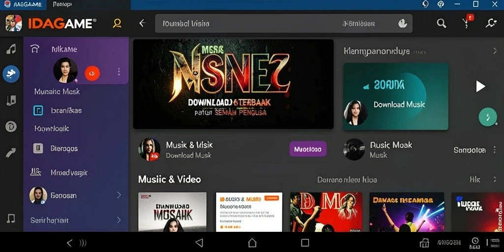 Antarmuka IDAGAME dengan pilihan Download Musik yang lengkap dan mudah diakses.