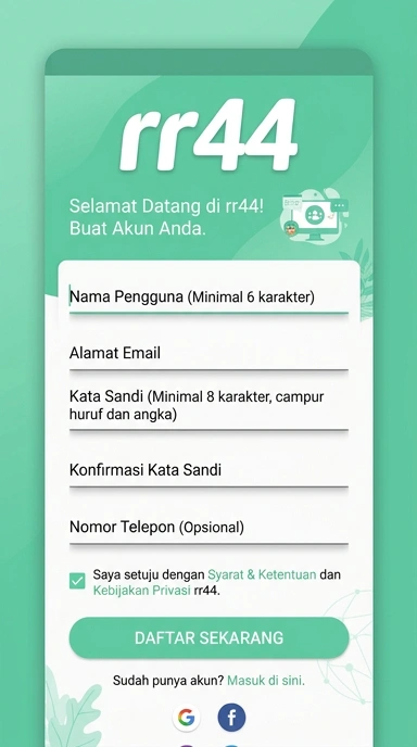 Registrasi Akun Baru rr44 untuk Pengguna Android